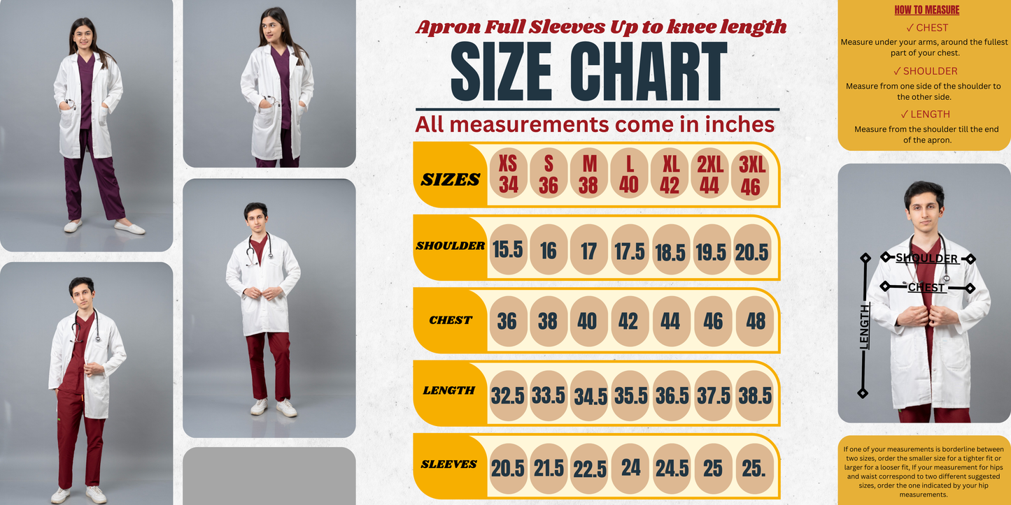VastraMedwear Full Sleeves Knee length Lab Coat/ Apron for Chemistry Lab and Medical Students Men