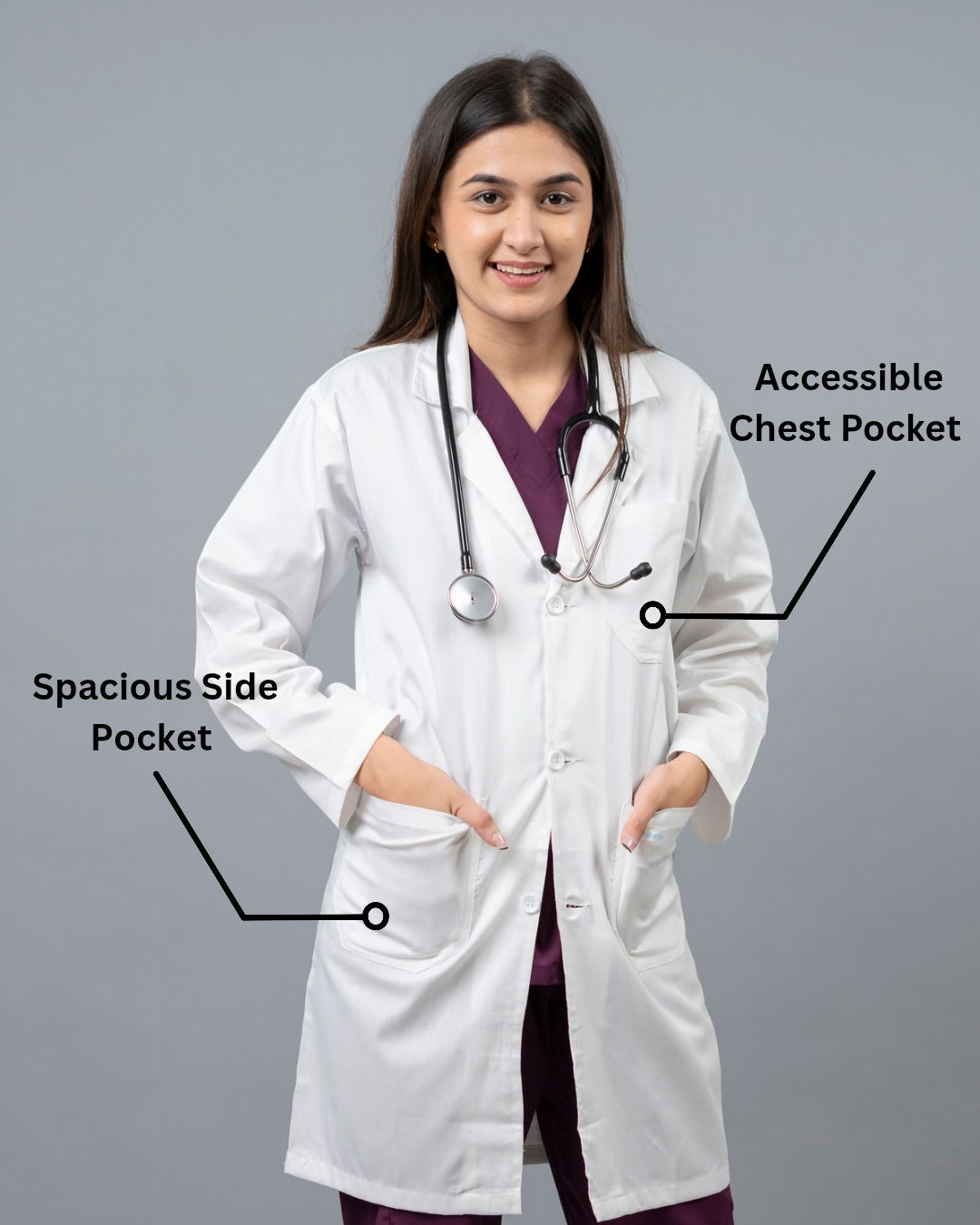 VastraMedwear Full Sleeves Knee length Lab Coat/Apron for Chemistry Lab and Medical Students Women