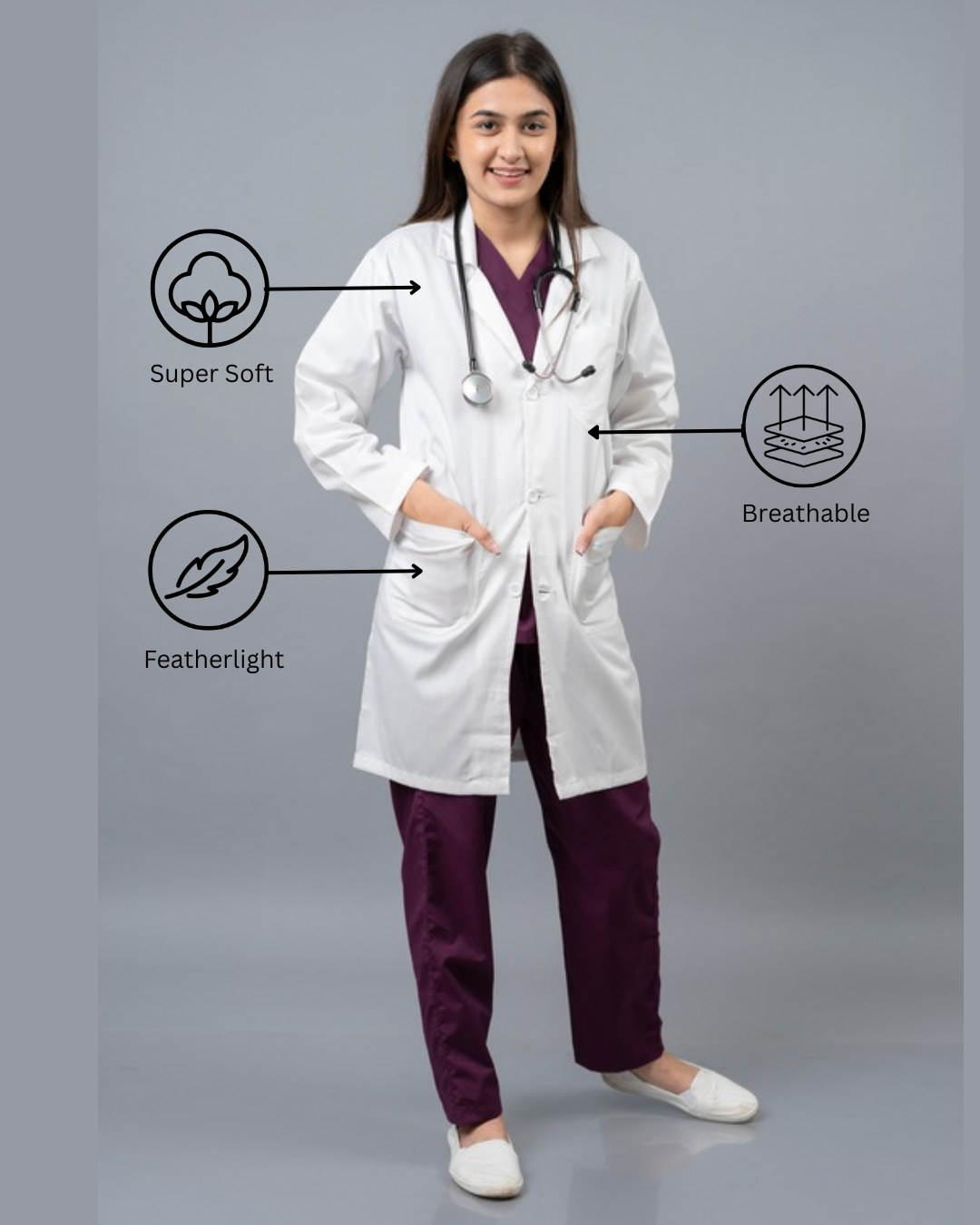 VastraMedwear Full Sleeves Knee length Lab Coat/Apron for Chemistry Lab and Medical Students Women