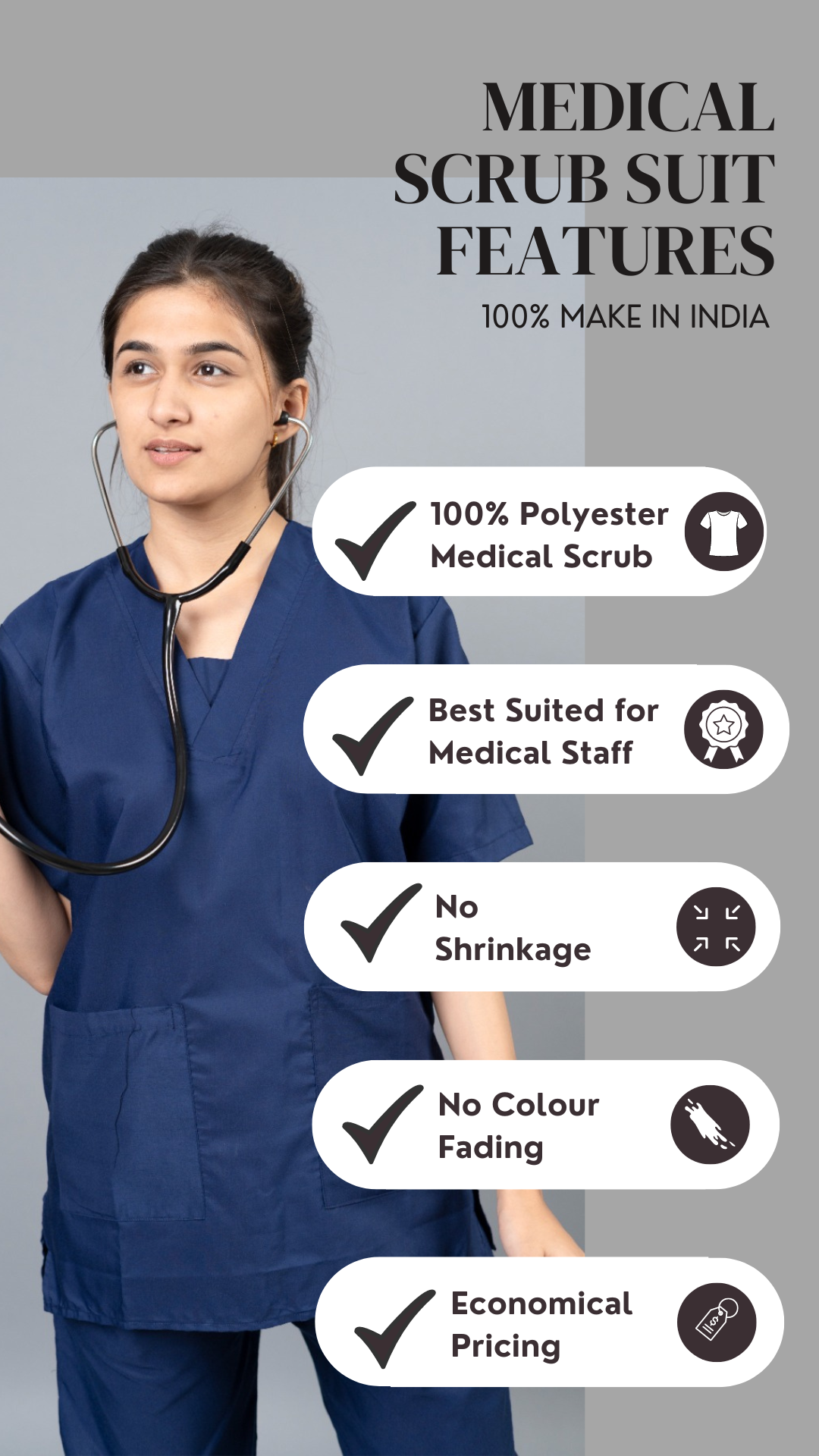 Vastramedwear Basic Medical Scrub Suit for Doctors Women Navy Blue