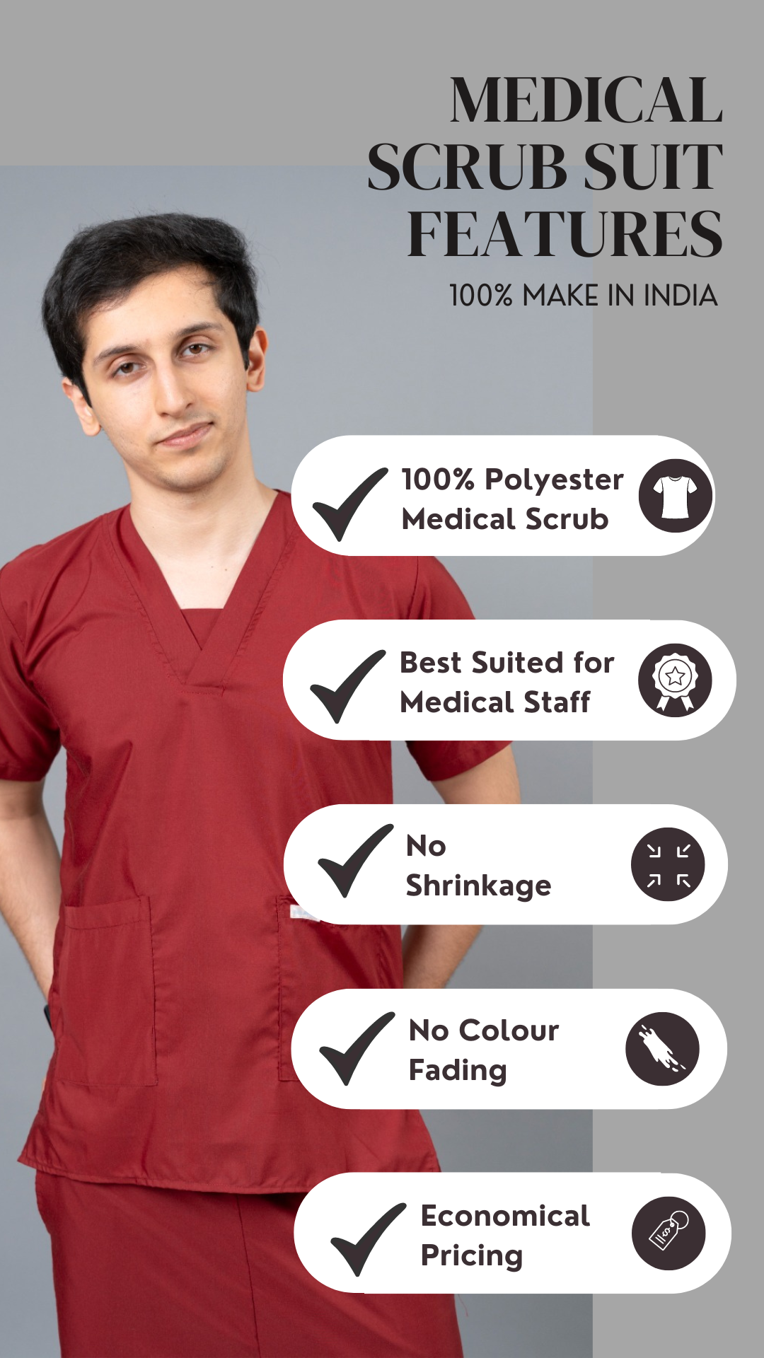 Vastramedwear Basic Medical Scrub Suit for Doctors staff Mens Maroon