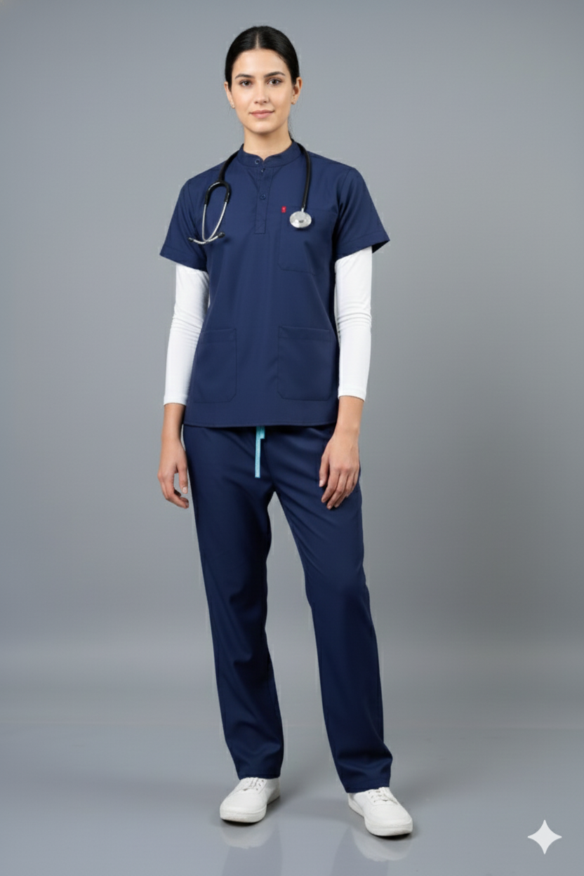 Vastramedwear Premium Women's New Gen Scrubsuit | Mandarin collar | Flexibile & Comfortable Top & Bottom | Easily Accessible 6 Pockets | Uniform for Doctors