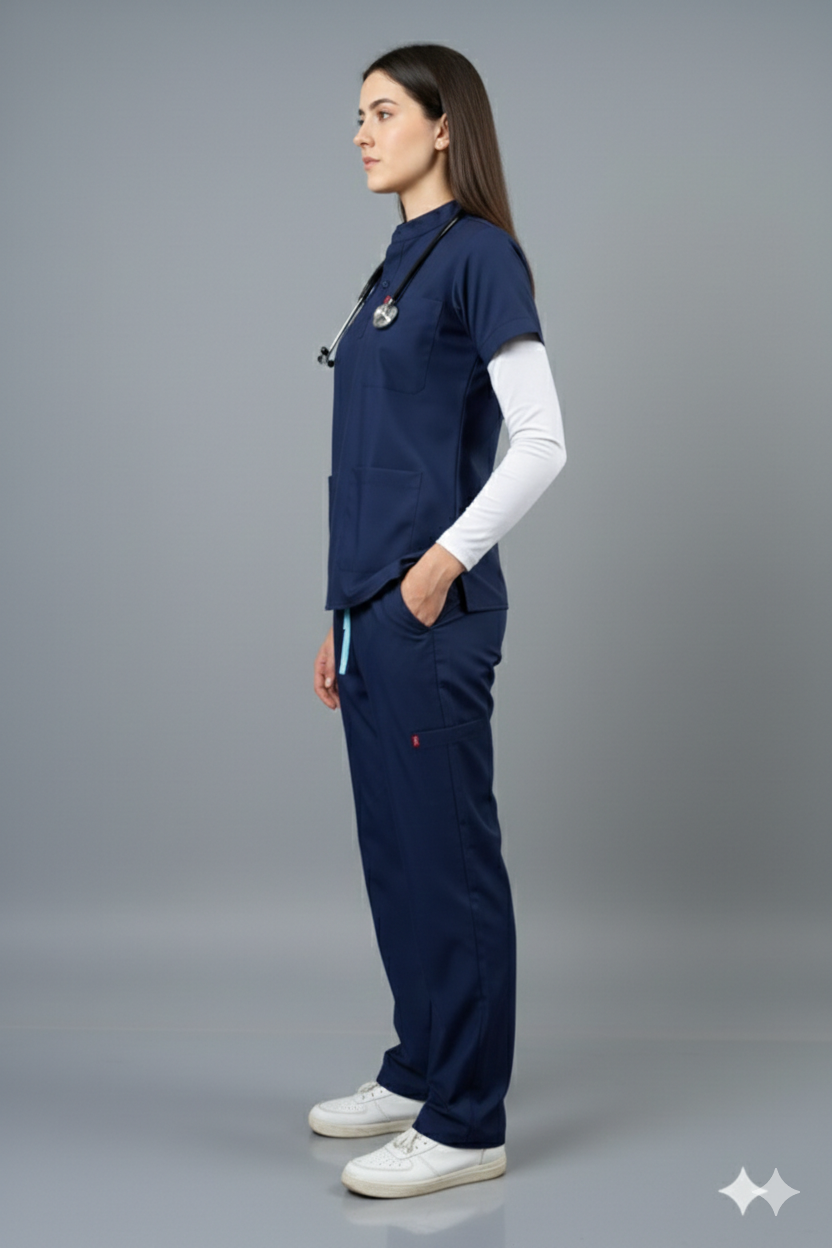 Vastramedwear Premium Women's New Gen Scrubsuit | Mandarin collar | Flexibile & Comfortable Top & Bottom | Easily Accessible 6 Pockets | Uniform for Doctors