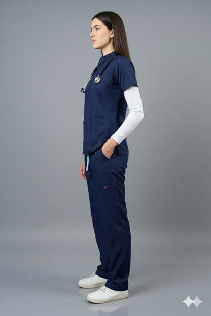 Vastramedwear Premium Women's New Gen Scrubsuit | Mandarin collar | Flexibile & Comfortable Top & Bottom | Easily Accessible 6 Pockets | Uniform for Doctors