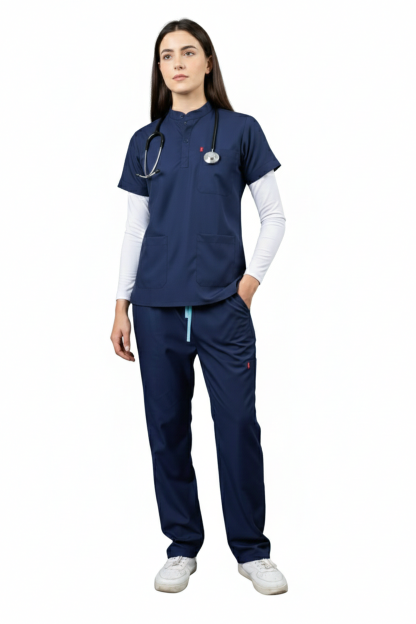 Vastramedwear Premium Women's New Gen Scrubsuit | Mandarin collar | Flexibile & Comfortable Top & Bottom | Easily Accessible 6 Pockets | Uniform for Doctors
