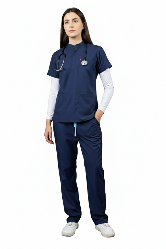 Vastramedwear Premium Women's New Gen Scrubsuit | Mandarin collar | Flexibile & Comfortable Top & Bottom | Easily Accessible 6 Pockets | Uniform for Doctors